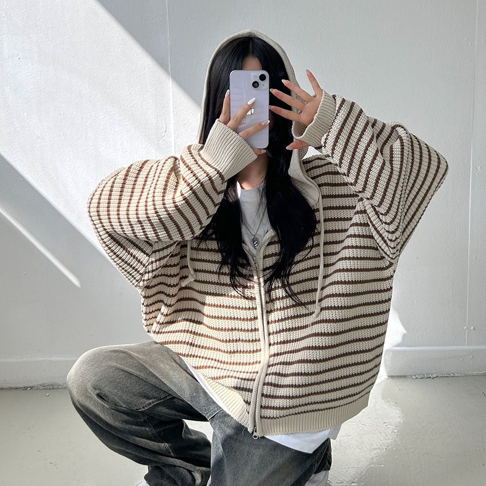 雙拉鍊 條紋 連帽 針織 外套 / 3色 - WHATEVER