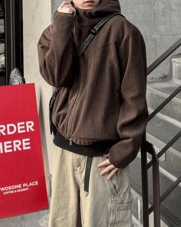 燈芯絨 高領 不對稱拉鍊 連帽外套 / 3色 - WHATEVER