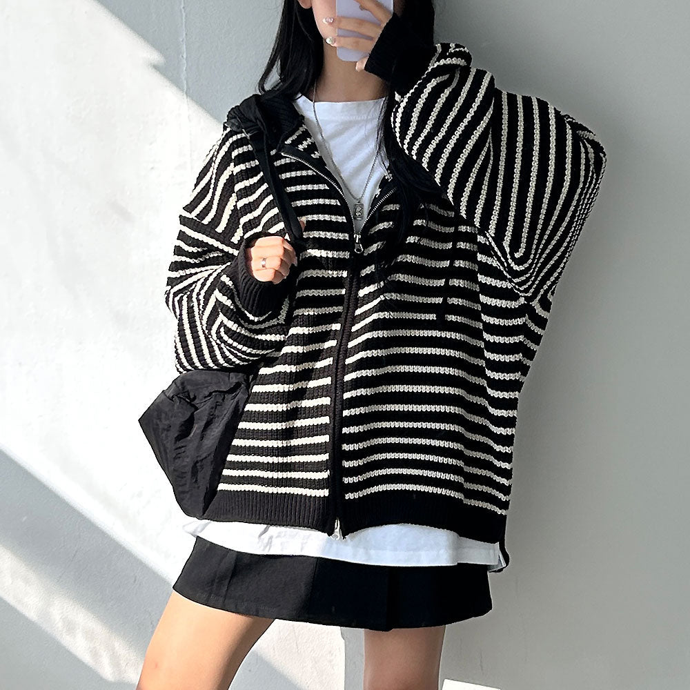 雙拉鍊 條紋 連帽 針織 外套 / 3色 - WHATEVER