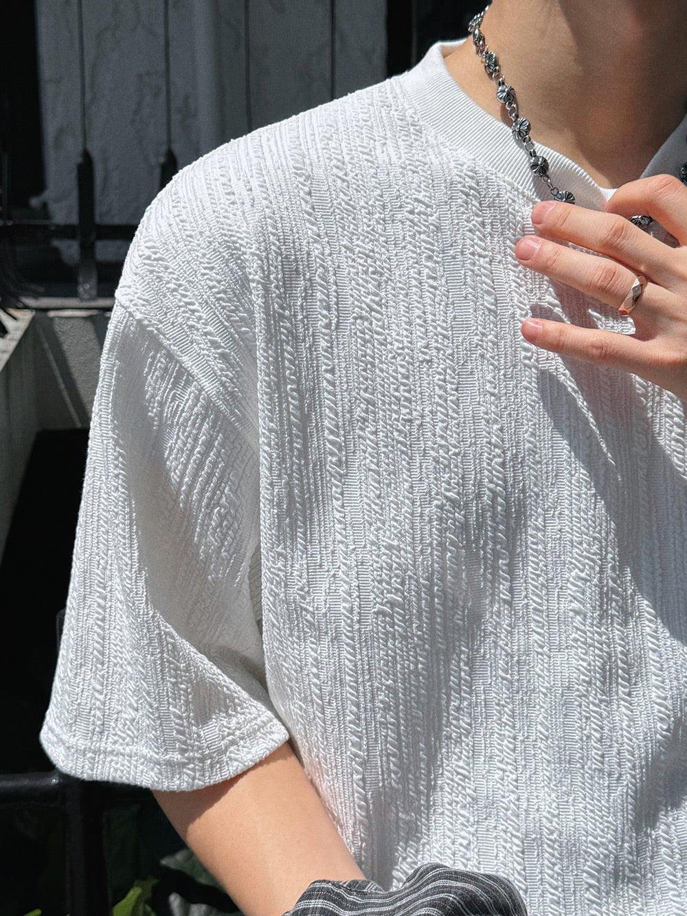 木紋 提花 寬短 短袖 上衣 / 3色 - WHATEVER