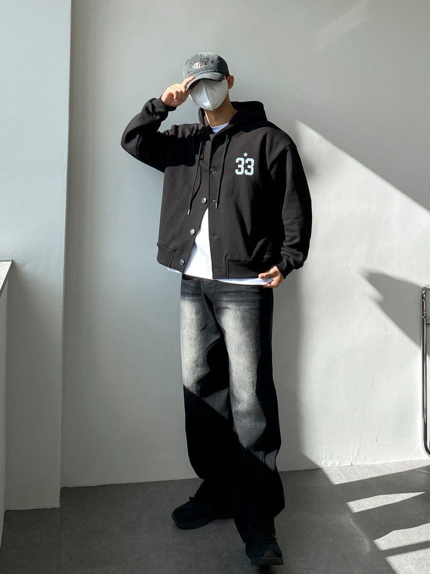 33 斑駁刺繡 鈕扣 開襟 連帽衫 / 3色 - WHATEVER STUDIO