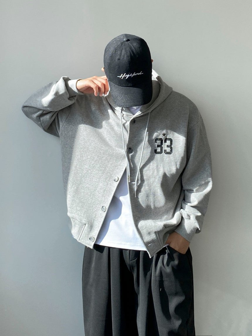 33 斑駁刺繡 鈕扣 開襟 連帽衫 / 3色 - WHATEVER STUDIO