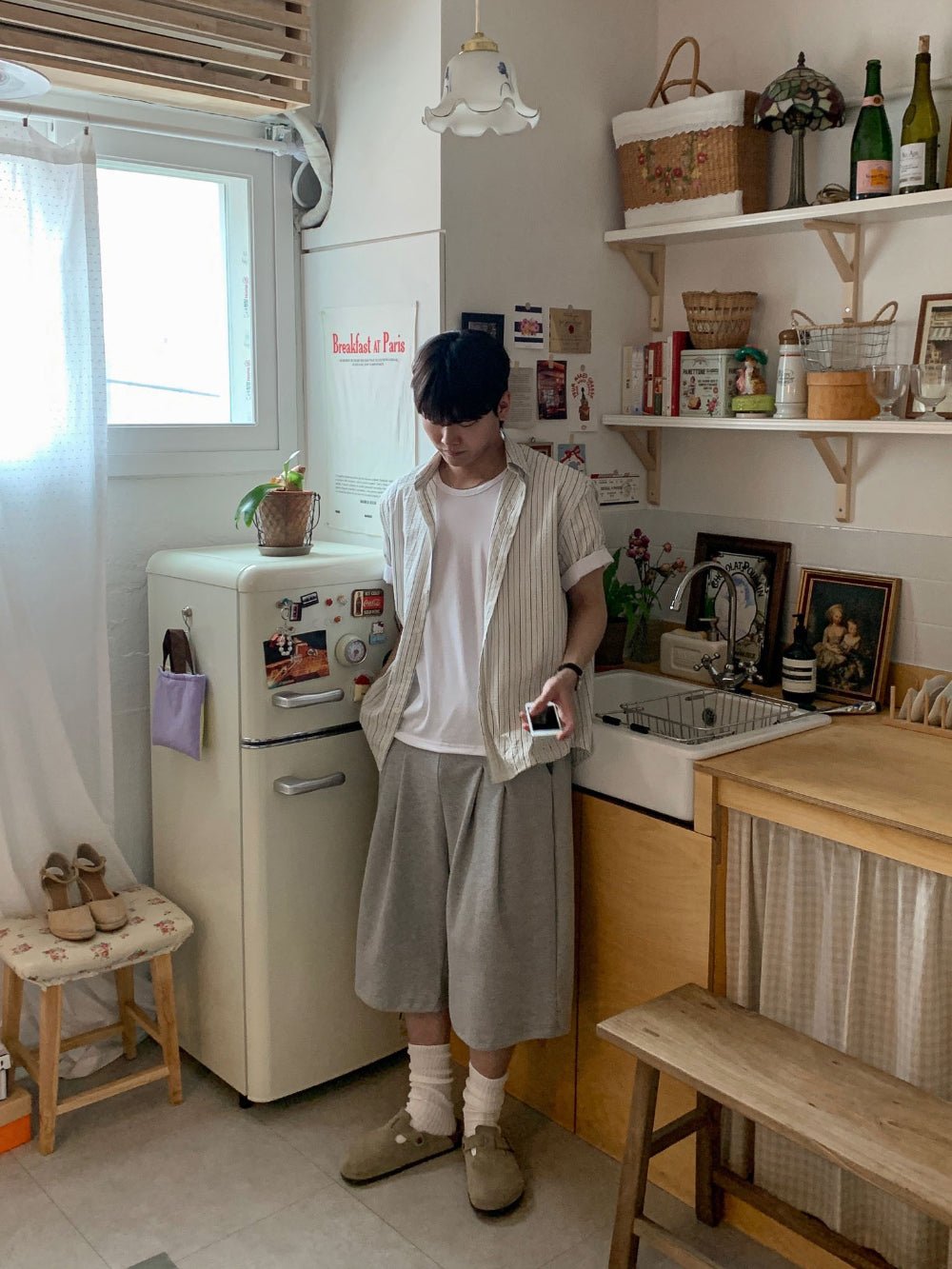 雙打摺 膝下 七分 百慕達 棉質 短褲 / 4色 - WHATEVER