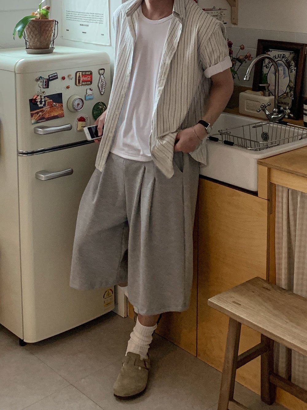 雙打摺 膝下 七分 百慕達 棉質 短褲 / 4色 - WHATEVER STUDIO