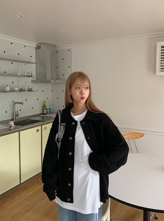 寬鬆 翻領 珍珠釦 針織 開襟衫 / 6色 - WHATEVER