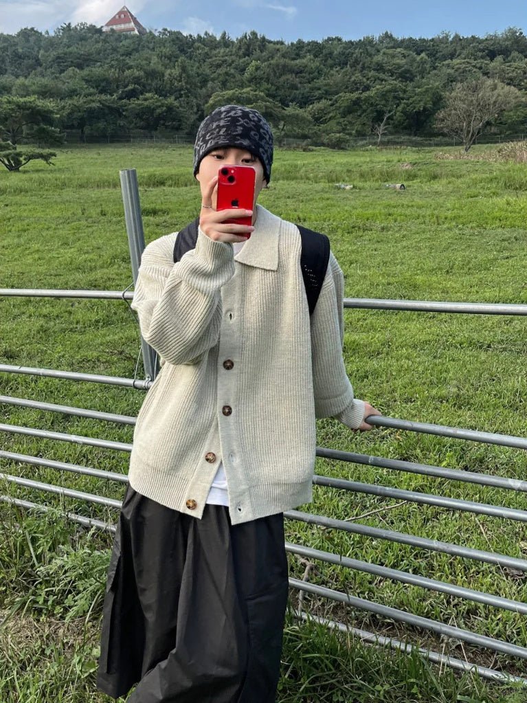 寬鬆 翻領 珍珠釦 針織 開襟衫 / 6色 - WHATEVER