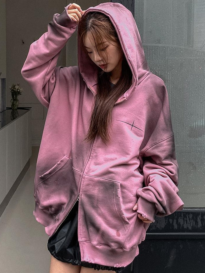 Dirty Fit 紮染 不修邊 雙拉鍊 y2k 連帽 外套 / 2色