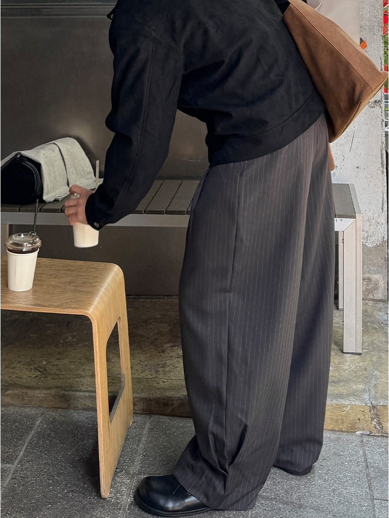 弧形 條紋 打褶 彎刀 西裝褲 / 3 色【部分現貨】