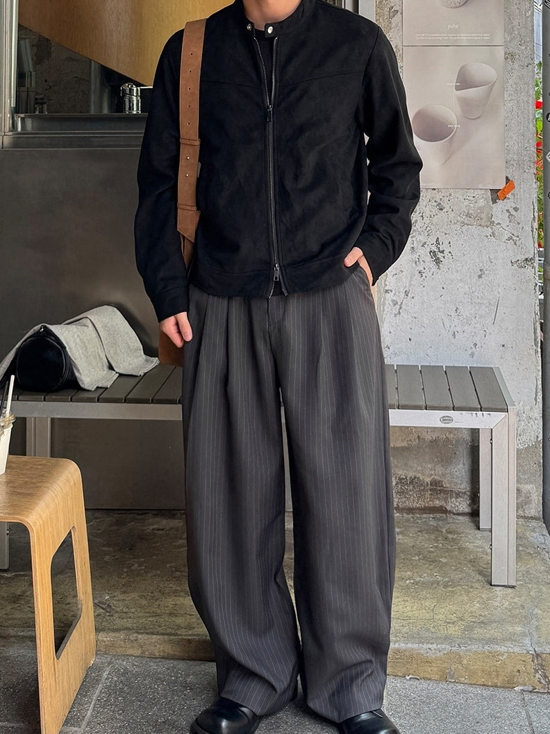 弧形 條紋 打褶 彎刀 西裝褲 / 3 色【部分現貨】