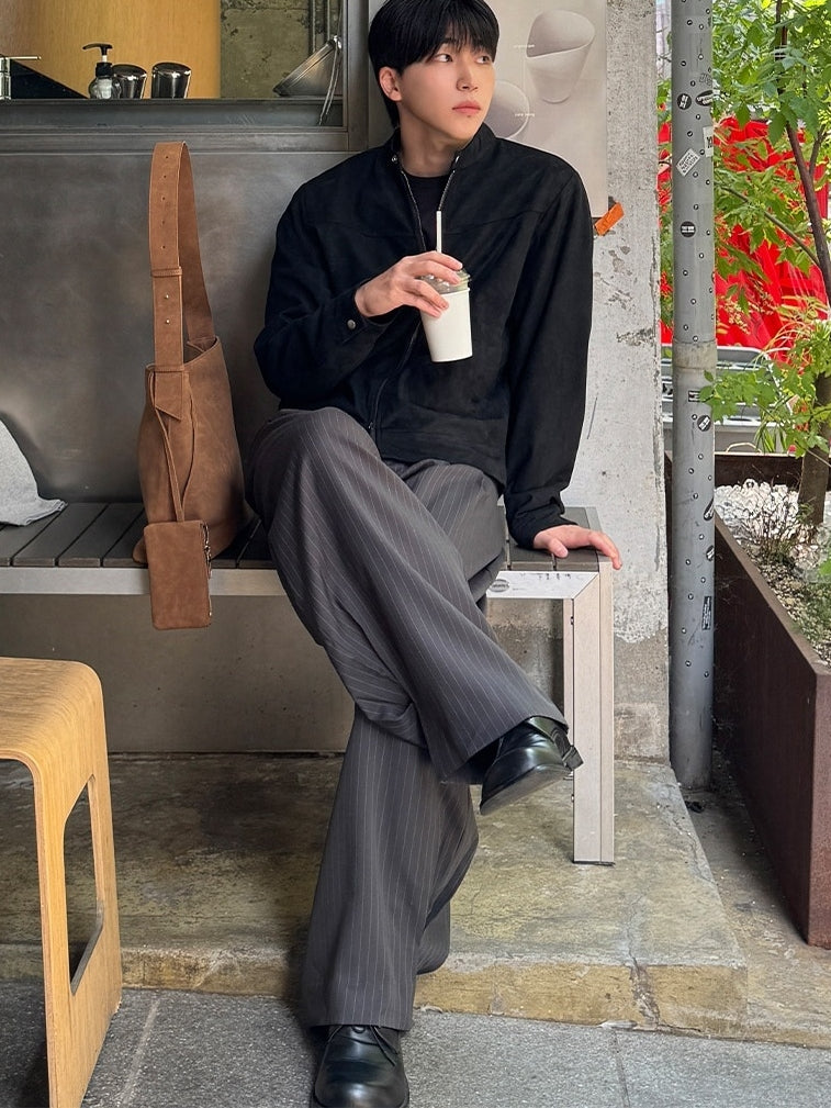 弧形 條紋 打褶 彎刀 西裝褲 / 3 色【部分現貨】