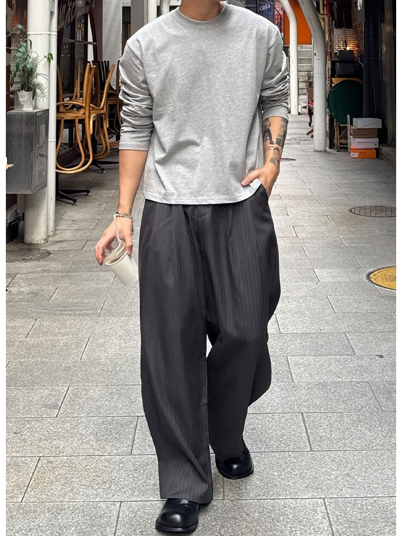 弧形 條紋 打褶 彎刀 西裝褲 / 3 色【部分現貨】