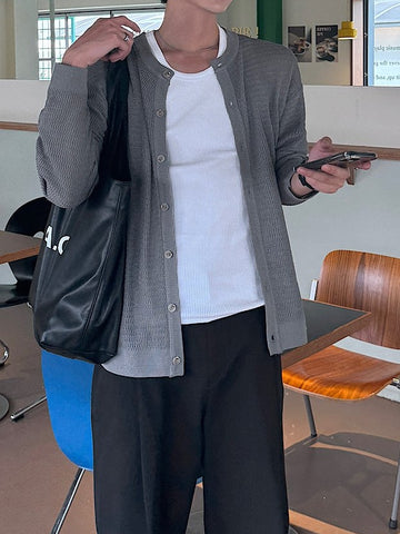 簡約 網眼 透氣 亨利領 開襟衫 外套 / 4色【部分現貨】