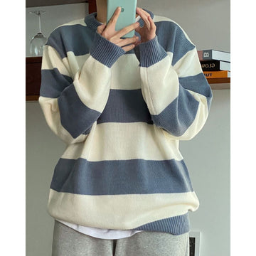 慵懶感 寬條紋 圓領 針織衫