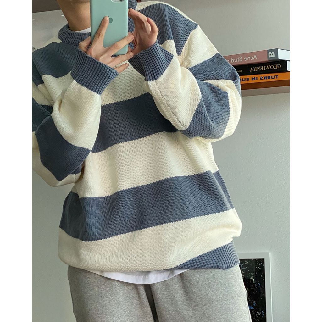 慵懶感 寬條紋 圓領 針織衫
