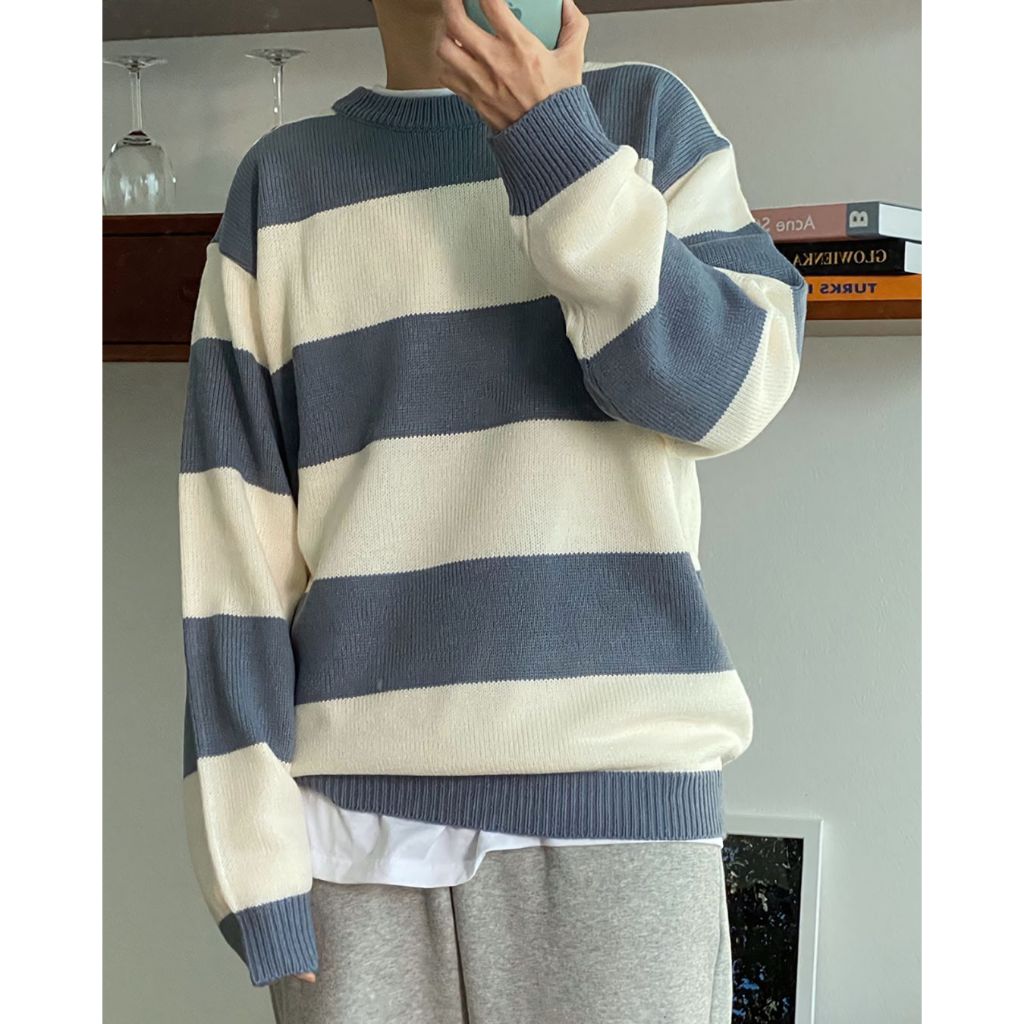 慵懶感 寬條紋 圓領 針織衫