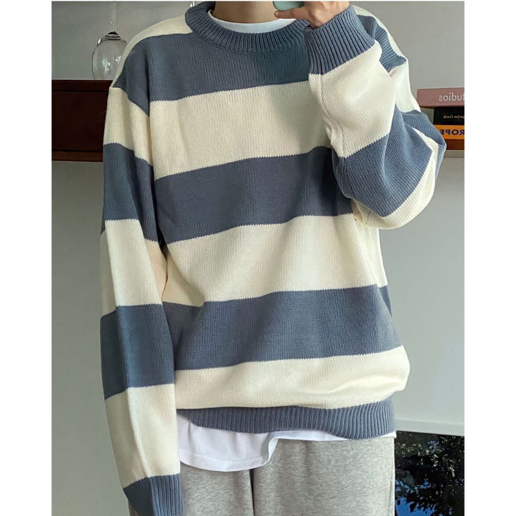 慵懶感 寬條紋 圓領 針織衫