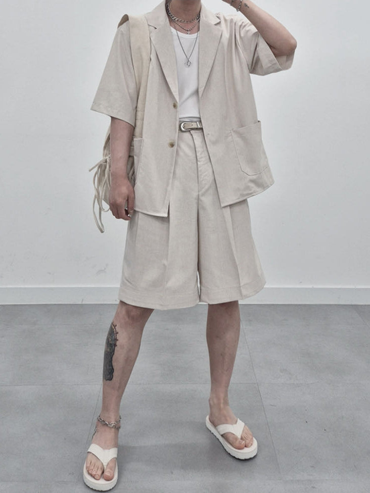 涼感 亞麻 輕正裝 五分袖 西裝外套 / 2色【部分現貨】