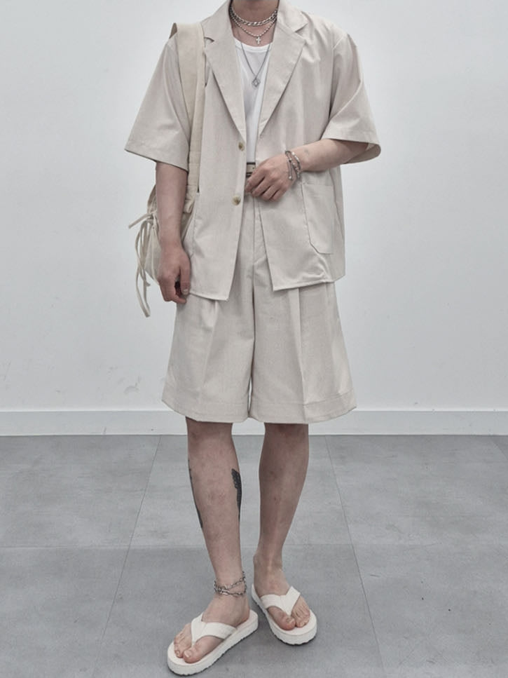 涼感 亞麻 輕正裝 五分袖 西裝外套 / 2色【部分現貨】