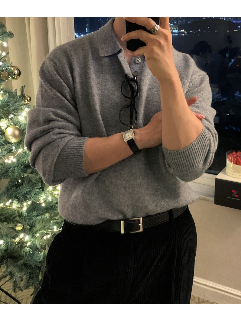 簡約 仿羊絨 翻領 三扣 Polo 針織衫  / 9色【部分現貨】