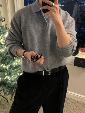 簡約 仿羊絨 翻領 三扣 Polo 針織衫  / 9色【部分現貨】