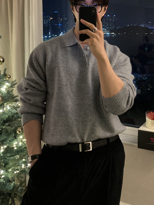 簡約 仿羊絨 翻領 三扣 Polo 針織衫  / 9色【部分現貨】