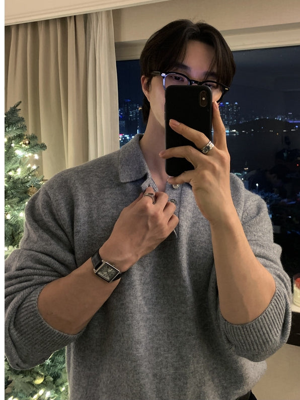 簡約 仿羊絨 翻領 三扣 Polo 針織衫  / 9色【部分現貨】