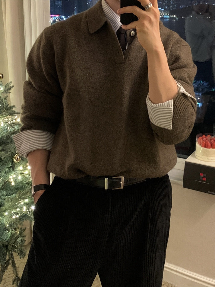 簡約 仿羊絨 翻領 三扣 Polo 針織衫  / 9色【部分現貨】