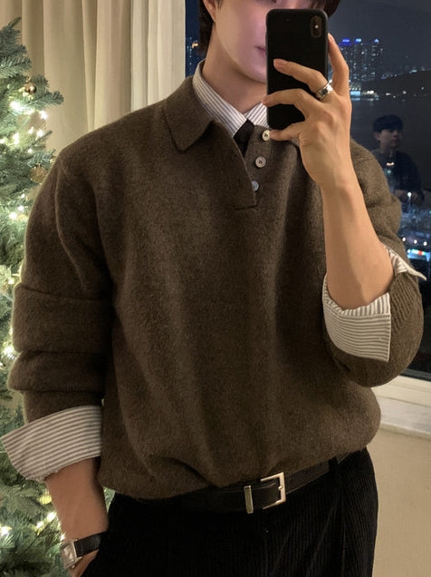 簡約 仿羊絨 翻領 三扣 Polo 針織衫  / 9色【部分現貨】