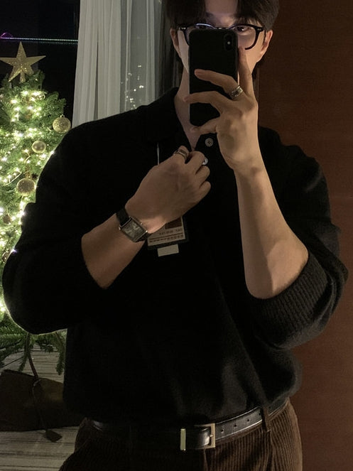 簡約 仿羊絨 翻領 三扣 Polo 針織衫  / 9色【部分現貨】