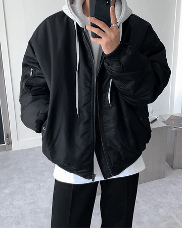 寬鬆 MA - 1 連帽可拆 飛行夾克 羽絨外套 / 3色 - WHATEVER