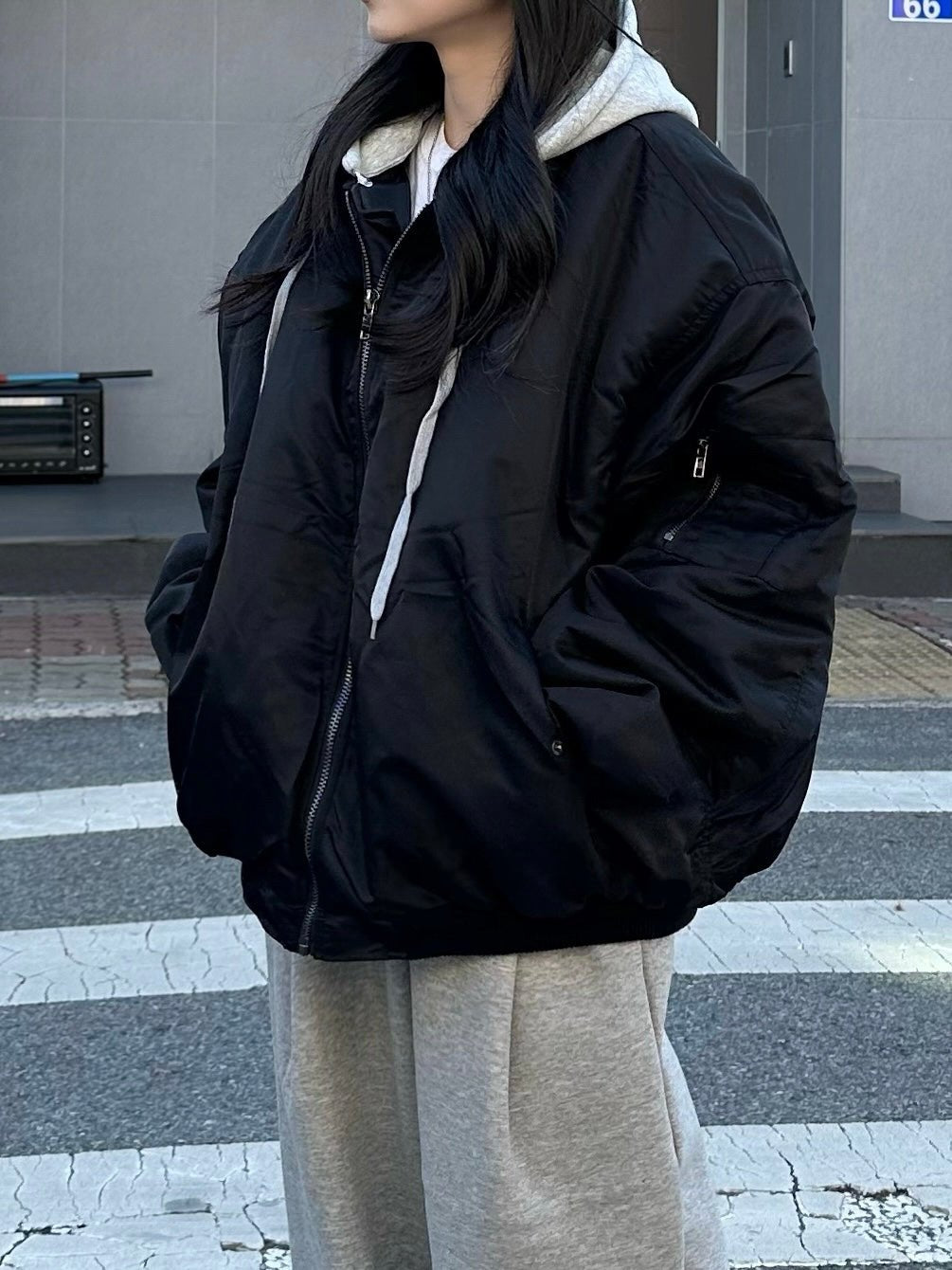 寬鬆 MA - 1 連帽可拆 飛行夾克 羽絨外套 / 3色 - WHATEVER