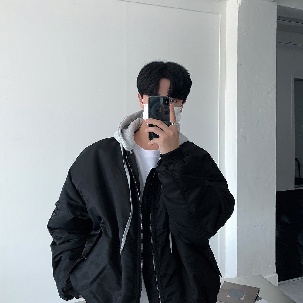 寬鬆 MA - 1 連帽可拆 飛行夾克 羽絨外套 / 3色 - WHATEVER