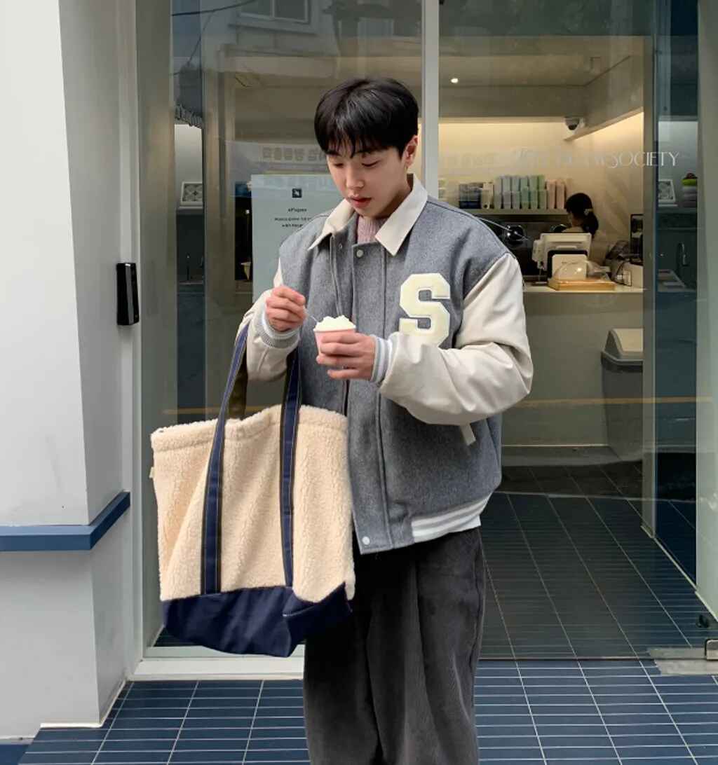 羊羔絨 拼接 帆布 寬底 肩背 托特包 - WHATEVER