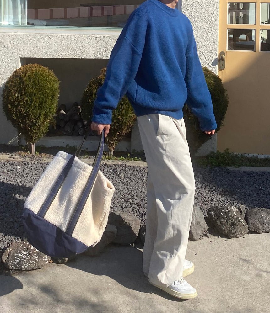 羊羔絨 拼接 帆布 寬底 肩背 托特包 - WHATEVER