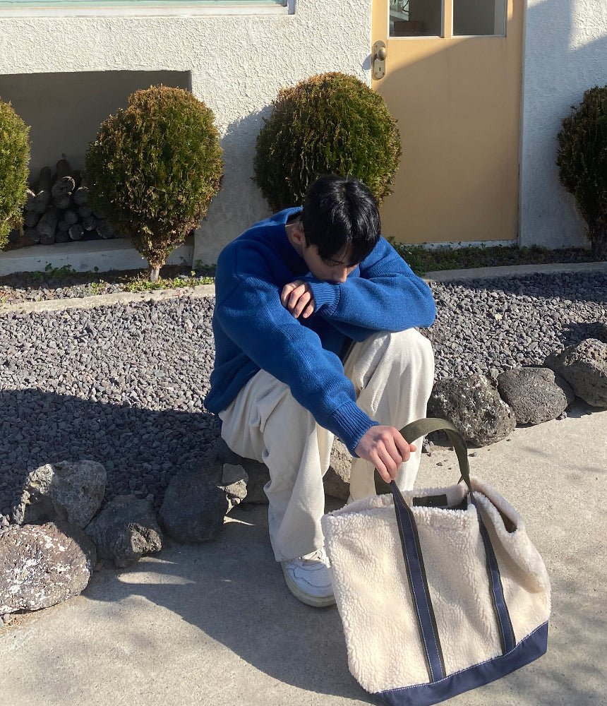 羊羔絨 拼接 帆布 寬底 肩背 托特包 - WHATEVER