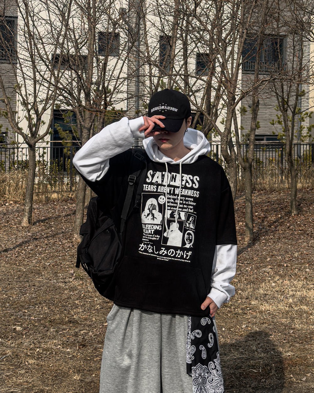 街頭 印花 拼色 假兩件 連帽 帽T / 3色 - WHATEVER STUDIO